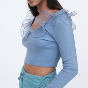 NWOT Zara ruffled organza ribbed knit long sleeve top